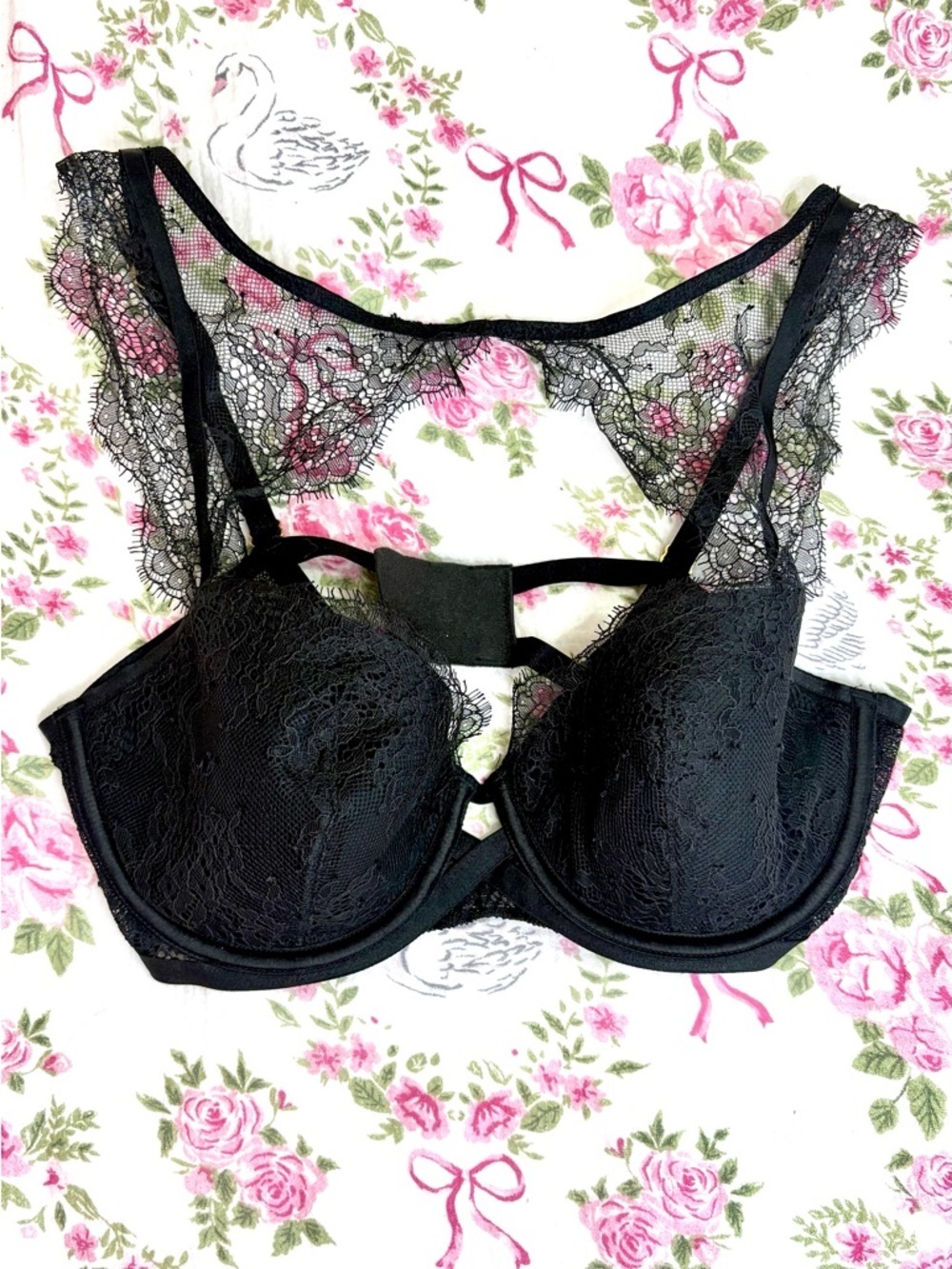 💋VICTORIAS SECRET NWOT Very Sexy Lined Demi Bra Black Coquette Floral Lace 34C